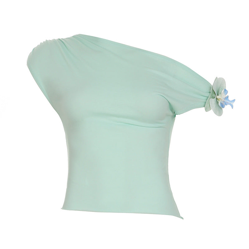 Girly, Sexy, Off-the-Shoulder Pleated 3D Floral Short-Sleeve Cropped T-Shirt